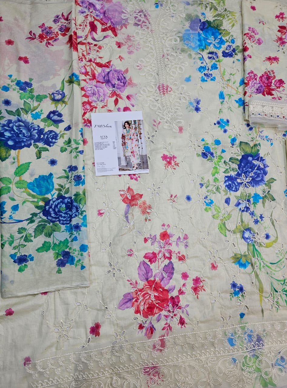 Zaha Luxury Lawn 2025 Hit Code 7B Multi Caremal Chikenkari