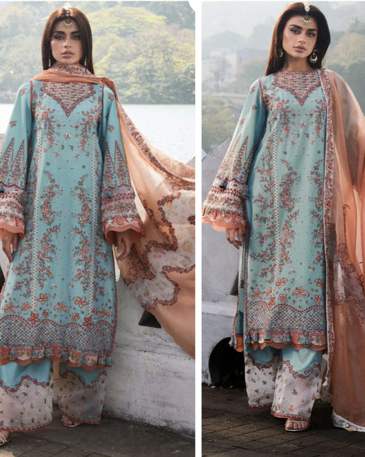 Hussain Rehar Luxury Lawn 2025 Hit Code Malibu sky Grey