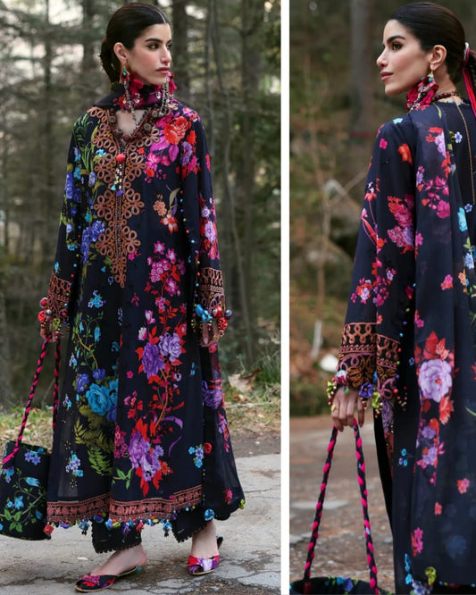 Zaha Luxury Lawn 2025 Hit Code 7A Black Multi  Chikenkari Lawn Dupata