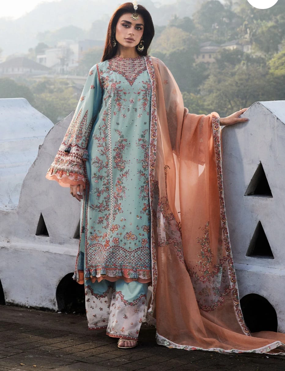 Hussain Rehar Luxury Lawn 2025 Hit Code Malibu sky Grey