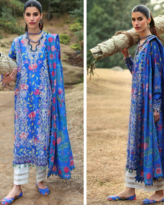 Zaha Luxury Lawn 2025 Hit Code 01-B Blue Lawn Dupata Article