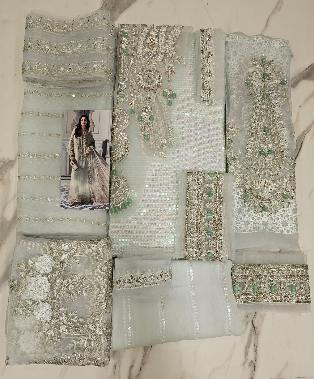 Mariab Luxury Chiffon Eid ul Azha 2025 Hit Code D5 Aqua Chiffon Sequence