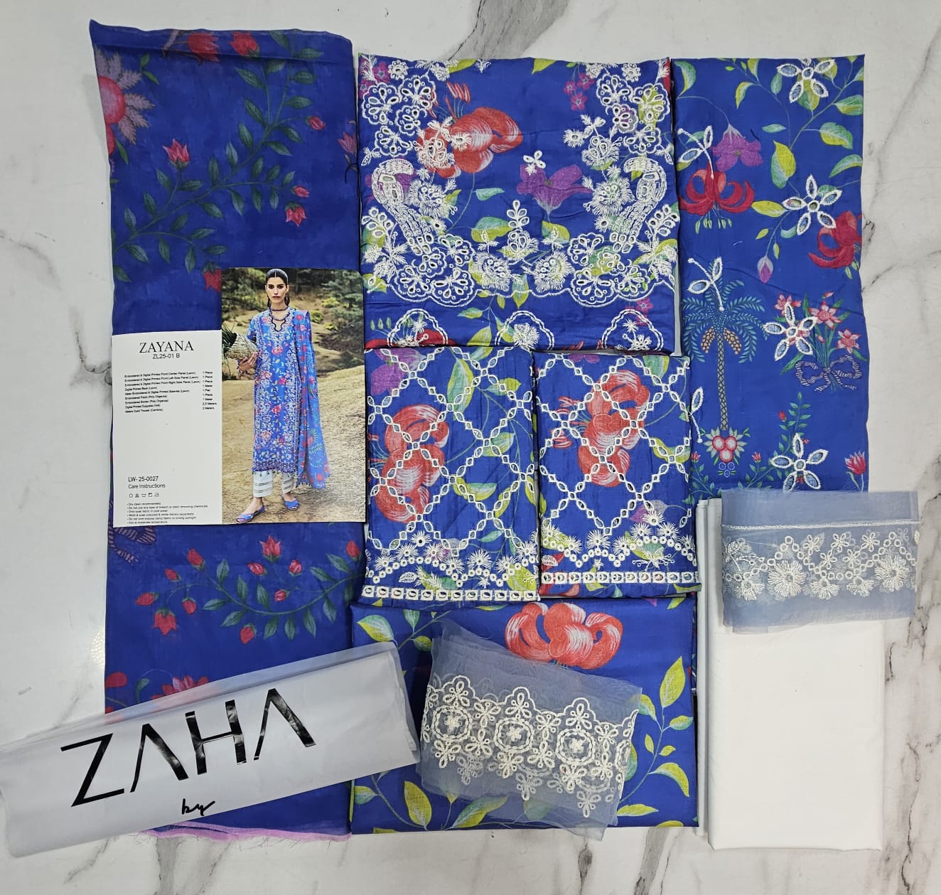 Zaha Luxury Lawn 2025 Hit Code 01-B Blue Lawn Dupata Article