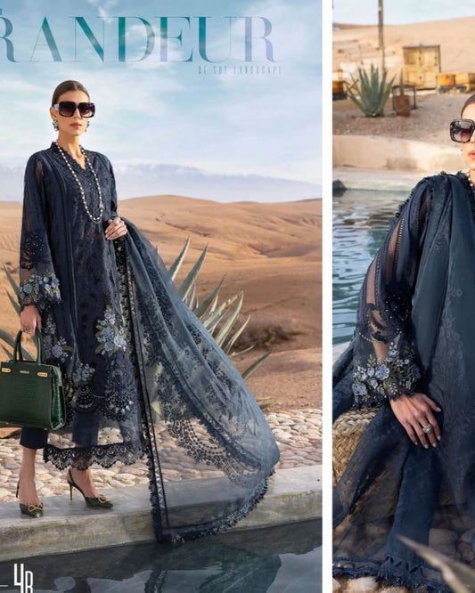 Mariab Luxury Lawn 2025 Hit Code 04-B Navy Blue