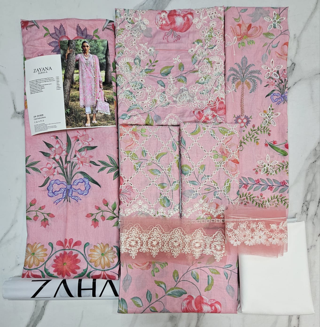 Zaha Luxury Lawn 2025 Hit Code 01-A Pink Lawn Dupata Article