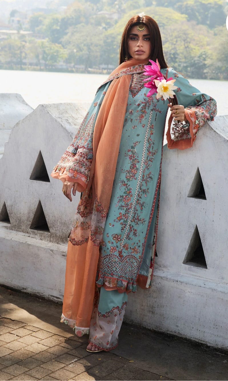 Hussain Rehar Luxury Lawn 2025 Hit Code Malibu sky Grey